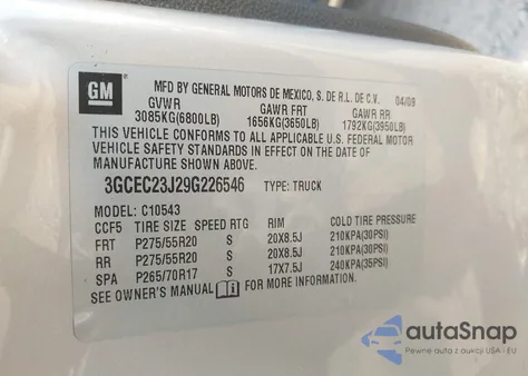 2009 Chevrolet Silverado 1500 Lt из США, поврежденный, VIN 3GCEC23J29G226546